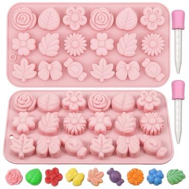Imagem de Qianyu 2 peças molde de silicone para chocolate, margarida, flor, laço, folha, gelatina, moldes florais para doces com 2 conta-gotas para fazer sobremesas, fazer pudim de gelo, sabonete, biscoitos