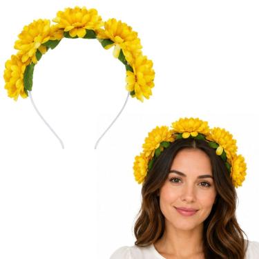 Imagem de Tiara Floral Extra Festas com Flores Artificiais Plástico e Tecido Tamanho Único Amarelo
