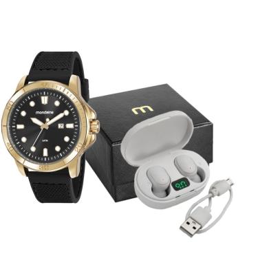 Imagem de Kit Relógio Masculino Calendário Esportivo com Pulseira de Silicone Dourado com Fone Bluetooth Mondaine
