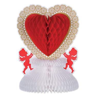 Imagem de Beistle Decoração de mesa de centro de coração e cupido para Dia dos Namorados – Artigos de festa de aniversário de casamento, 28 cm, vermelho/branco/dourado
