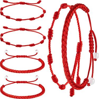 Imagem de 6 pulseiras vermelhas de cordão WILLBOND, pulseira de cordão vermelho, pulseira ajustável com nós vermelho, amuleto para proteção, olho turco e boa sorte para amizade, shown
