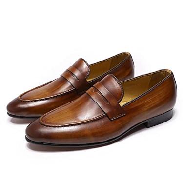 Imagem de Mocassim de couro masculino casual liso leve casual mocassim feito à mão sem cadarço para dirigir sapatos de negócios forrado de couro mocassins sapatos