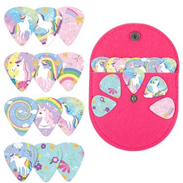 Imagem de 24 palhetas de guitarra de unicórnio para crianças, meninas, palhetas de guitarra de celuloide médio de unicórnio com 1 estojo para instrumentos de música baixo, presente para meninas e adolescentes e