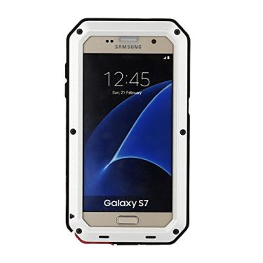 Imagem de Compatível com Samsung Galaxy S7, capa de metal resistente militar para esportes ao ar livre, à prova de choque, à prova de poeira, capa de corpo inteiro com protetor de tela temperado de vidro embutido (prata)