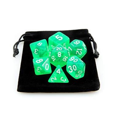 Imagem de Kit 7 Dados RPG de Mesa D&D Acrílico Translúcido D4 D6 D8 D10 D10% D12 D20 Cor VERDE + 1 Bolsa