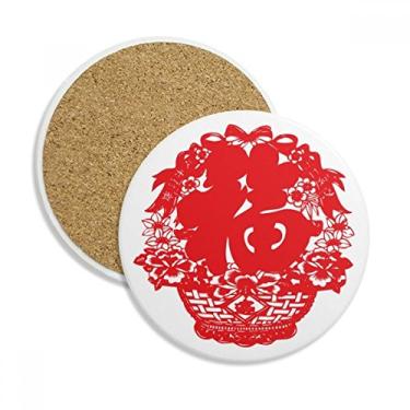 Imagem de Lanterna chinesa vermelha tradicional padrão porta-copos caneca de proteção de mesa pedra absorvente