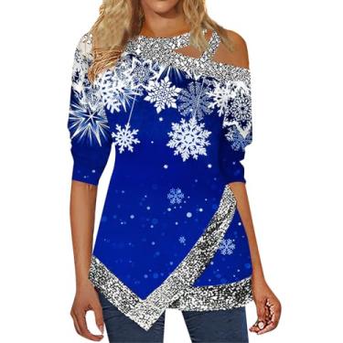 Imagem de Elogoog Camiseta feminina Merry Christmas Pullover Merry and Bright Off Shoulder Shirt Fashion Cute Christmas Tree Shirt, Azul, G