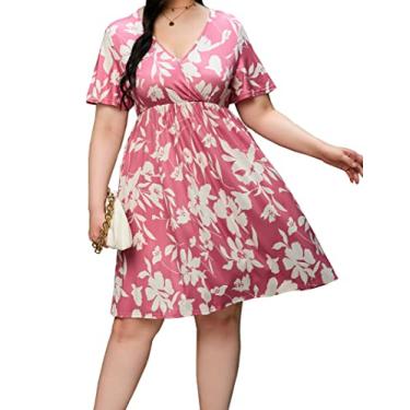 Imagem de ShopWonder Vestido plus size feminino decote em V evasê comprimento até o joelho vestidos rodados plus size evasê vestido de festa, Flor grande, rosa, XXG