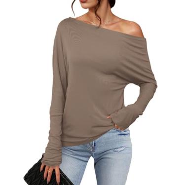 Imagem de Meetrendi Camiseta feminina assimétrica de manga comprida moderna sexy com ombro de fora 2024 camiseta túnica casual solta lisa, Cáqui escuro, P