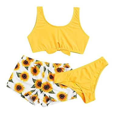 Imagem de Conjunto de biquíni havaiano de 3 peças com shorts de girassol para meninas 8 a 14 anos, Amarelo, 11-12 Anos