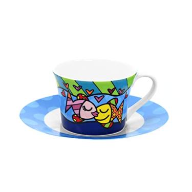 Imagem de BRITTO Romero Bone China Xícara de café e chá com pires, 200 ml, profundamente apaixonado, design de arte de peixe