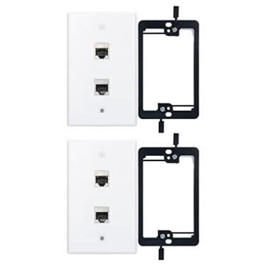 Imagem de YOEMELY Placa de parede RJ45 com 2 portas, placa de parede Cat7 com acoplador Ethernet Cat 7 blindado de metal, 1 suporte de montagem de baixa tensão para cabos de rede (branco, pacote com 2)