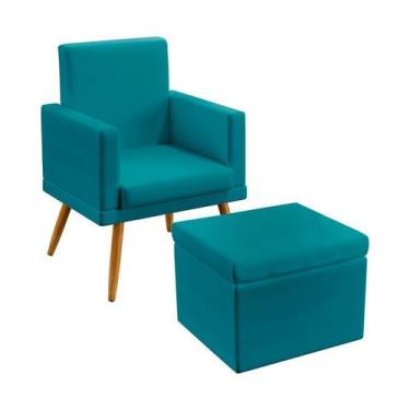 Imagem de Kit Poltrona Estofada Vega Rodapé com Puff Quasar Sued Azul Turquesa A