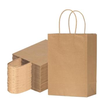 Imagem de VANHEL 50 sacos de papel kraft reciclado: 20 x 12 x 25 cm, bolsa de presente marrom com alças, bolsa de mercadorias, sacola de compras, feriados, aniversários e centros comerciais