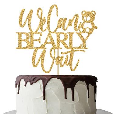 Imagem de We Can Bearly Wait Topo de bolo, urso de pelúcia, decorações de festa de chá de bebê, tema de urso de bebê, chá de bebê, revelação de gênero, suprimentos de festa, glitter dourado