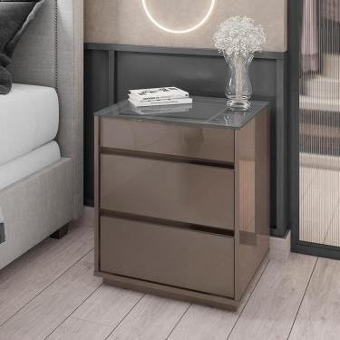 Imagem de Mesa De Cabeceira Quarto Belize 3 Gavetas E Tampo De Vidro Cinza Perola