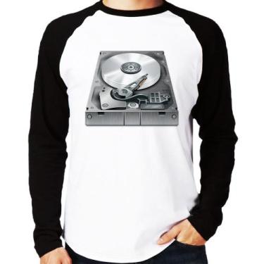 Imagem de Camiseta Raglan Disco Rígido HD Manga Longa - Foca na Moda, Branco, Pr