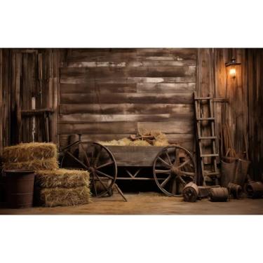 Imagem de Western Cowboys Pano de fundo rústico porta de celeiro de madeira com rodas antigas fardos de feno fazenda tema country fotografia fundos para decoração de festa ocidental crianças retrato adereços