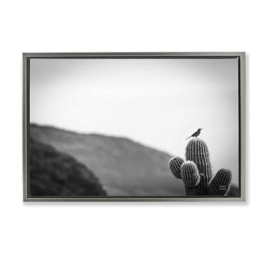 Imagem de Stupell Industries On Guard Bird & Cactus Framed Floater Canvas Wall Art Design por Wild Apple, Moldura Flutuante Cinza, 78 x 53 cm