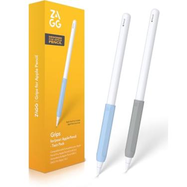 Imagem de ZAGG 2-Pack Silicone Grips for Apple Pencil (1st Gen, 2nd Gen, USB-C) & ZAGG Pro Stylus (2 & 1) – Ergonomic Comfort, Anti-Roll, Round with Three Flat Surfaces Design for Writing & Drawing, Blue, Grey