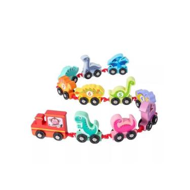 Imagem de Brinquedo Didático de Madeira Montessori - Trem com Dinossauros e Núme