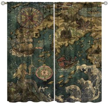 Imagem de AAVEUP Cortinas de decoração vintage com mapa-múndi para meninos, veleiro náutico velho marrom antigo sereia pirata bússola mapa do tesouro impressão cortinas para crianças adolescentes quarto sala de