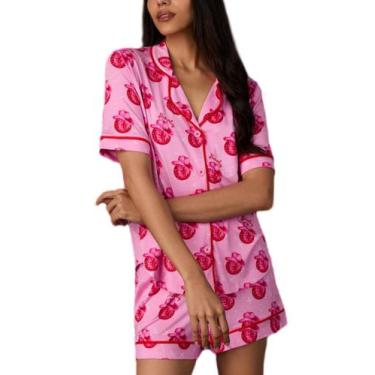 Imagem de Pijama Yiulangde Silk Heart para mulheres, cetim, 2 peças, rosa
