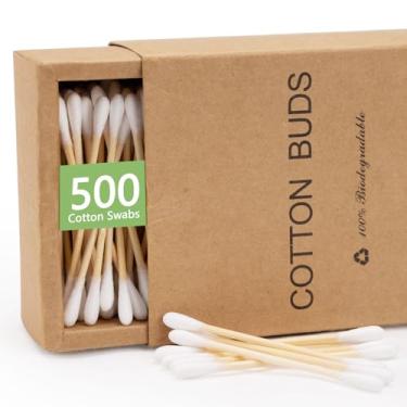 Imagem de Cotonetes de algodão de ponta dupla de bambu de 500 unidades, fones de ouvido orgânicos e biodegradáveis, multiuso para higiene, beleza e casa, embalagem reciclável verde