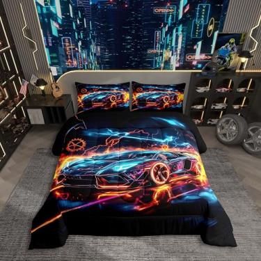 Imagem de Erosebridal Jogo de cama solteiro com carro de corrida de fogo no gelo, azul e preto, para crianças, adolescentes, laranja, azul, geométrico, carro, corrida, esportes radicais, conjunto de cama para