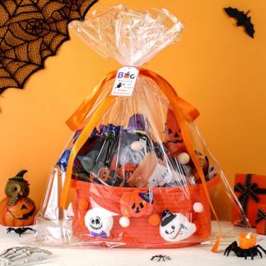 Imagem de GlikCeil Conjunto de cesta vazia de Halloween para presentes com laços, fitas, cestos de presente laranja fofos, sacos de celofane transparentes, etiquetas para Halloween, férias, aniversário, artigos