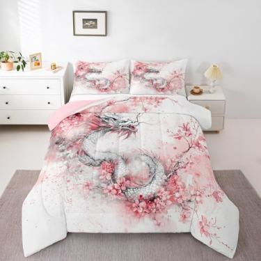 Imagem de Jogo de cama casal com dragão branco japonês birdal, para meninas e meninos, conjunto de edredom completo com flores de cerejeira, estilo de tinta