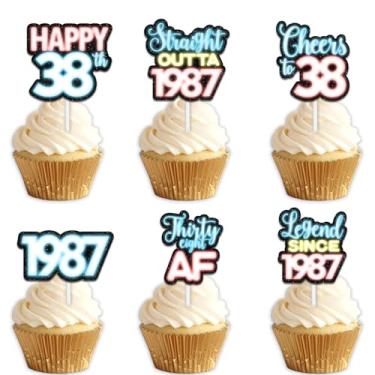 Imagem de 18 peças de topper de cupcake de sobremesa com glitter azul para Straight Outta 1987 Legend Since 1987 suprimentos de decoração temática homens felizes decorações de festa de aniversário de 38 anos