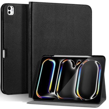 Imagem de Thryxop Capa de couro genuíno para iPad Pro de 13 polegadas (M4) 2024 com suporte para lápis | Capa protetora fina com suporte ajustável, despertar/hibernar automaticamente, couro premium | preta