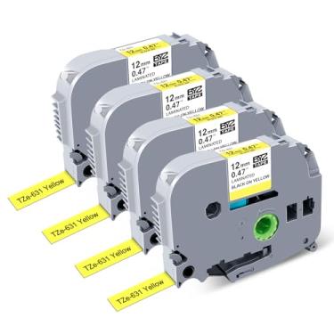 Imagem de Pacote com 4 fitas amarelas TZ 12 mm 0,47 compatível com Brother PTouch TZe-631 TZE631 Fita adesiva preta sobre amarela para rotulador Brother PT-D210 PT-D600 PTD400, 1,27 cm x 7,6 m