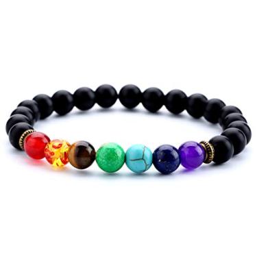 Imagem de Hamoery Pulseira De Pedra Vulcânica 8 Mm Com 7 Contas Chakra, Corda Trançada, Natural, Ioga Para Homens E Mulheres
