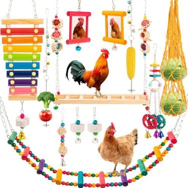 Imagem de AGX Bravo Brinquedos de galinha para galinheiro, pacote com 14 brinquedos de galinha para galinheiro, brinquedo de xilofone, espelho, enriquecimento, pintinho, espetos, comedouros para galinha