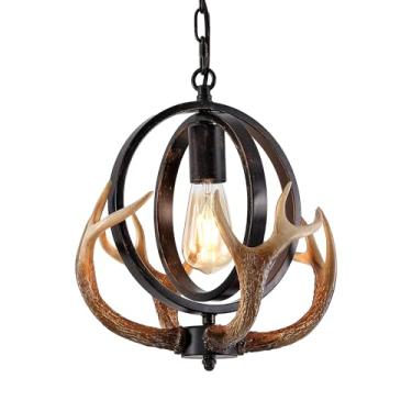 Imagem de NEARLED Luminária pendente de chifre rústico, globo de metal com chifres de resina, base E26, marrom, luz suspensa interna para cozinha, sala de jantar