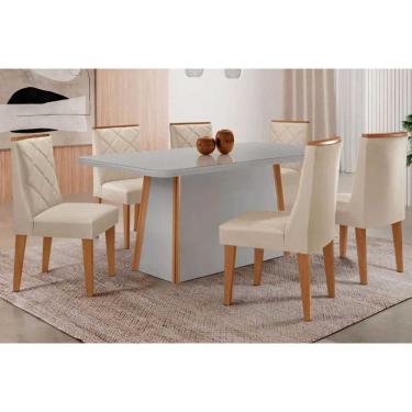 Imagem de Conjunto Sala de Jantar Tilia c/ Tampo Madeirado c/ Vidro Canto Curvo 180x90cm e 6 Cadeiras Pietá Madeira Maciça Naturale/Off White - Capuccino/Suede 
