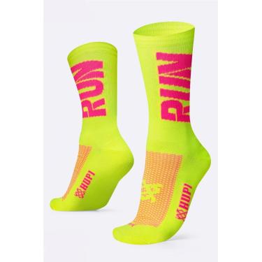 Imagem de Meia para Corrida HUPI RUN 1 Par Cano Médio, Cor: Amarelo Neon/Rosa, Tamanho 36-42