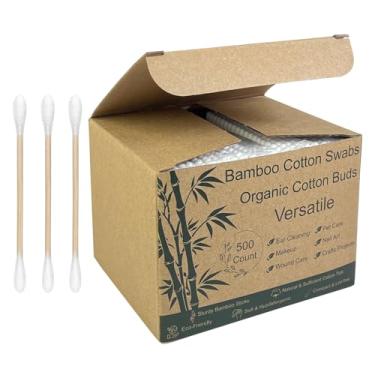 Imagem de Cotonetes de algodão de bambu - núcleo de bambu resistente, pontas de algodão macio - cotonetes descartáveis para beleza, maquiagem, cuidados com a pele e cuidados pessoais - Embalagem ecológica (500