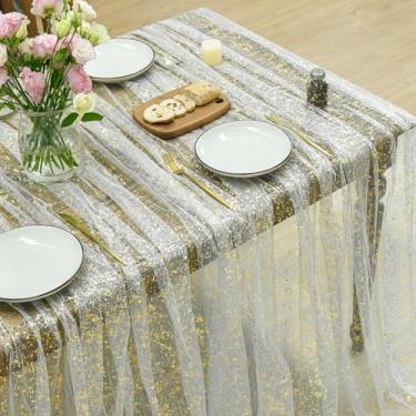 Imagem de Horaldaily Toalha de mesa retangular de gaze dourada bege 152 × 300 cm, folha metálica com glitter de lantejoulas douradas, gaze de tule de chiffon transparente para casamento, chá de bebê, cerimônia