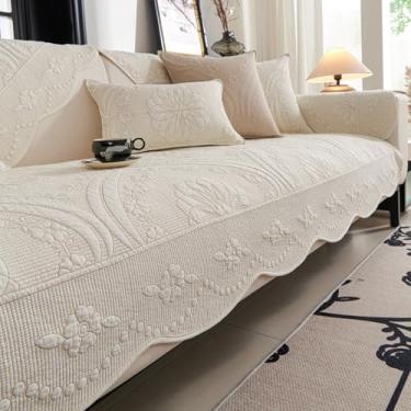 Imagem de vctops Capa de sofá acolchoada de algodão Farmhouse Counrty floral bordada capa de sofá antiderrapante macia recortada capa protetora de móveis lavável para cães e gatos (creme, 91 cm x 160 cm)