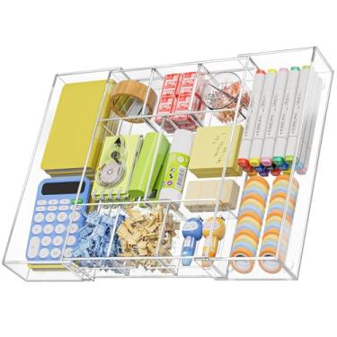Imagem de Marbrasse Organizador de gaveta expansível de acrílico, bandeja organizadora de gaveta de mesa transparente com 5 divisórias, organizadores de mesa e acessórios, 10 compartimentos ajustáveis para