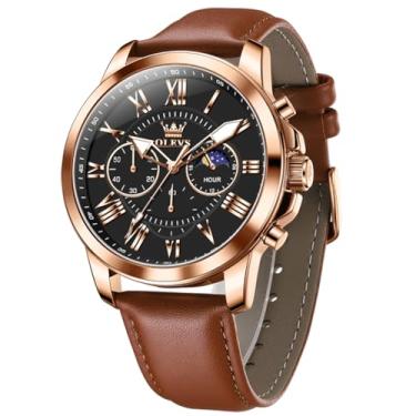 Imagem de OLEVS Relógios masculinos com pulseira de couro, relógio analógico de quartzo, moderno, mostrador grande, data, relógio à prova d'água, vestido luxuoso, luminoso, masculino, G3632-marrom-rosa preto,