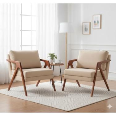 Imagem de Kit com 2 Poltronas em Linho Bege com pés em madeira maciça sofisticada Mona Luxo Para Sala De Estar E Recepção