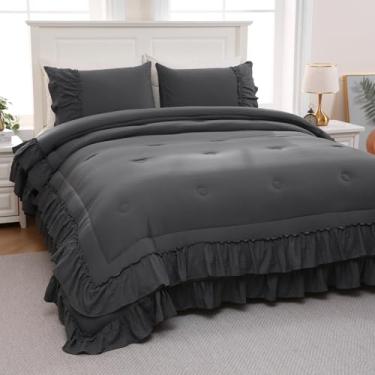 Imagem de Conjunto de edredom King cinza escuro, boêmio, chique, gasto, 2 camadas com babados, decoração de casa, microfibra ultramacia, conjunto de edredom boêmio