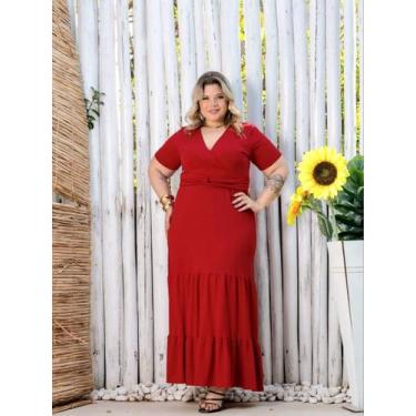 Imagem de Vestido Longo Plus Size Decote em V Acinturado - luh may, Vermelho, G2