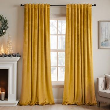 Imagem de Cortina de veludo ouro amarelo mostarda 213 cm de comprimento, 2 painéis para escurecimento da sala de estar, bloqueio de luz, resistente ao calor, cortina quente para pátio, porta deslizante, janela
