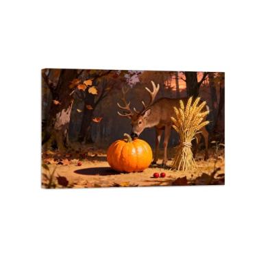 Imagem de Quadro arte parede outono-Abóbora trigo veado Impressões em tela paisagens-Pintura animais para decoração sala estar 20x30cm Tela Embrulhada