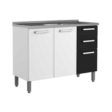 Imagem de Balcão De Aço Pia 3 Portas 2 Gavetas Preto Branco Bertolini Branco/preto